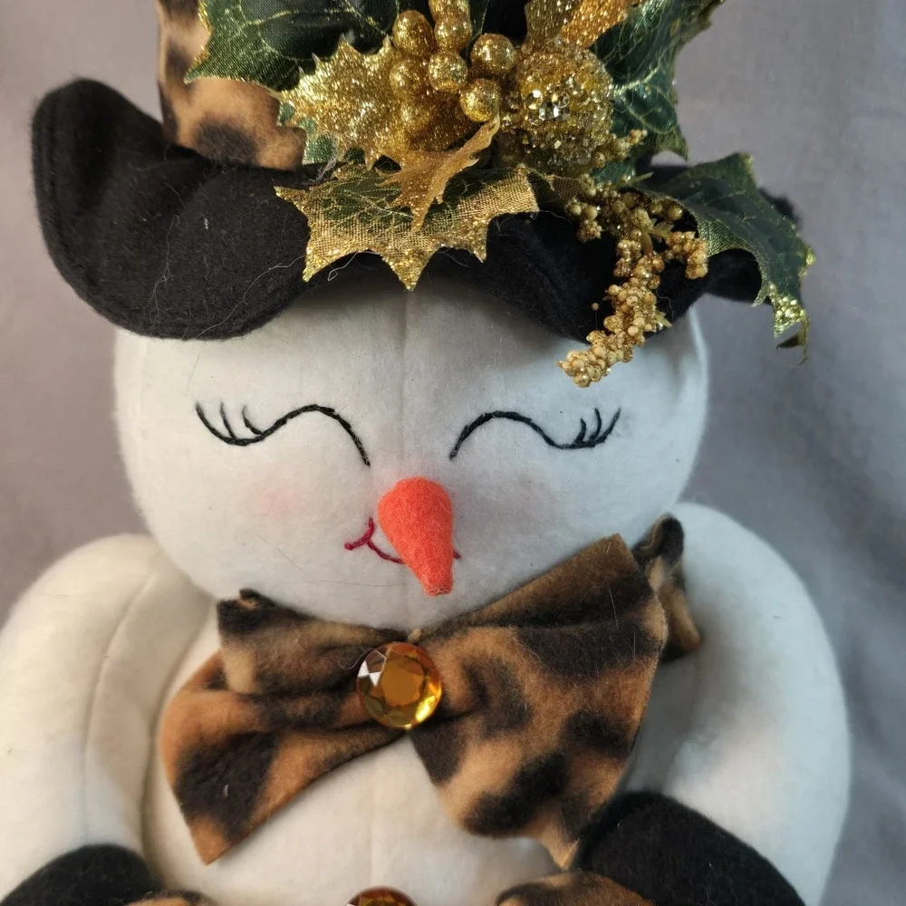 2 Snowman Couple Plushies W/ Leopard Print Scarf Hat Gloves Christmas Winter